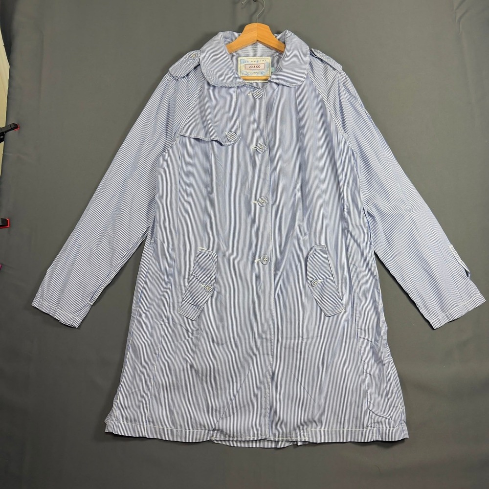 JO & CO Womens Size 42 Striped Trench Coat Blue White Cotton Wool Missing Belt